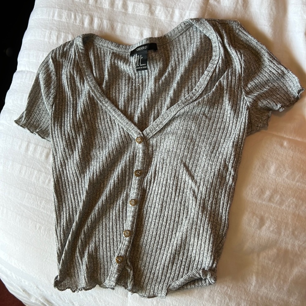 Gray, Button Down, Cropped Tee